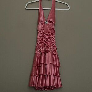 XOXO, S, Midi, Halter Neck, Silky, Ruched, Layered Ruffle, Cocktail Dress